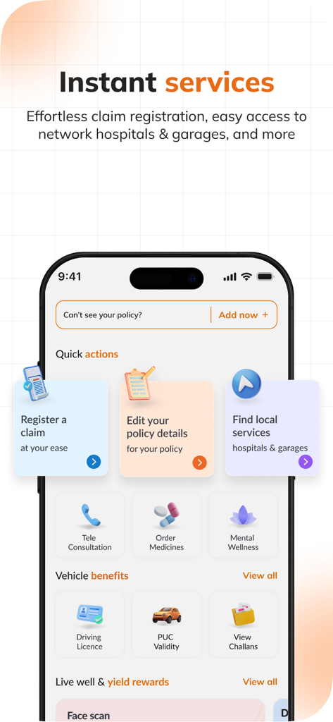 ILTakeCare app dashboard displaying instant services for insurance claims and health management