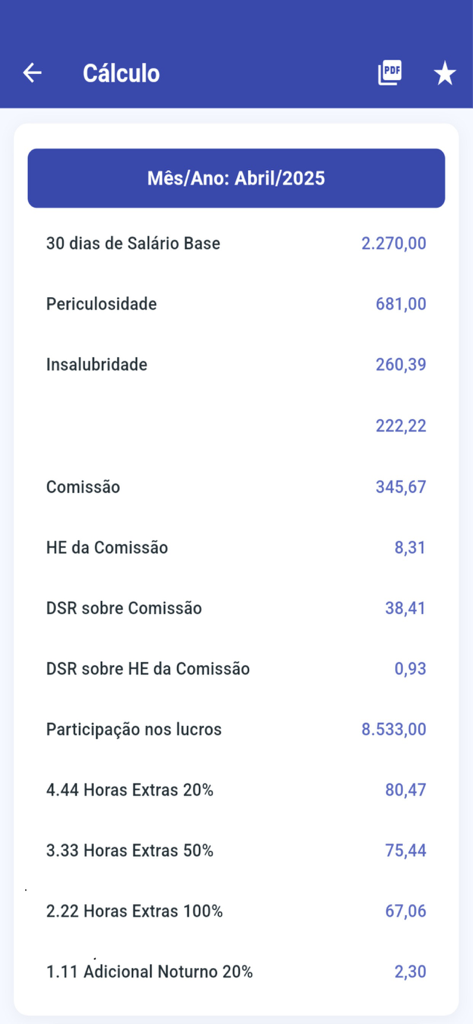 Folha de Pagamento - Uma tela de aplicativo móvel exibindo um cálculo detalhado de folha de pagamento mensal para abril de 2025, incluindo salário base e horas extras