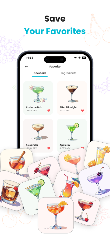 Cocktail Recipes & Mixology - Um smartphone mostrando o ecrã de receitas de cocktails favoritas na aplicação Mixology com várias ilustrações de bebidas coloridas.