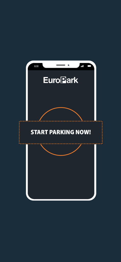 Ecrã de arranque da aplicação móvel EuroPark com o texto Iniciar Estacionamento Agora