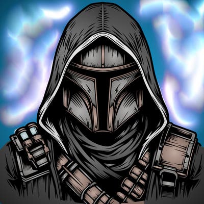 realistic warrior bounty hunter with mask and hood on