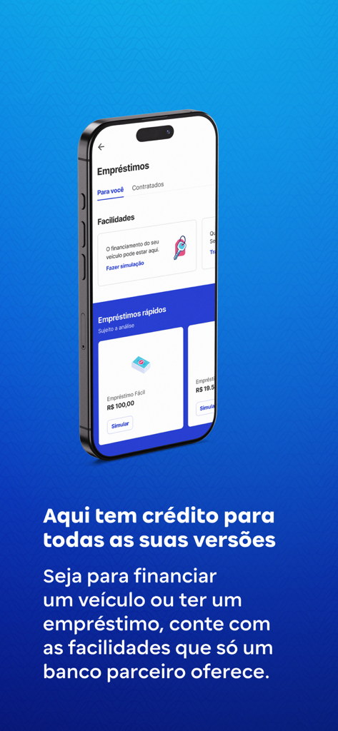 Smartphone, das die Kredit- und Fahrzeugfinanzierungsfunktionen der banco BV-App anzeigt