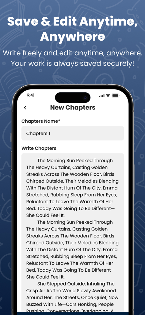 Chapter writing and editing interface in the Book Writer 2025 mobile app