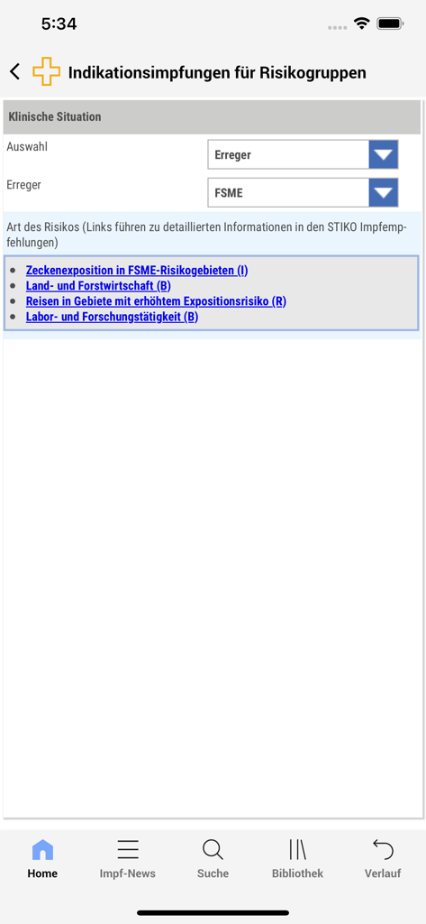 STIKO-App - Interface of the STIKO-App displaying vaccination recommendations for risk groups based on specific pathogens like FSME
