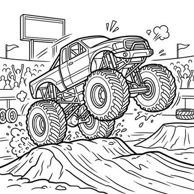 Unleash the excitement with this action-packed monster truck coloring page, specially designed for kids aged 4-8. Watch as a powerful truck defies gravity, ready for your vibrant colors to bring its adventure to life!