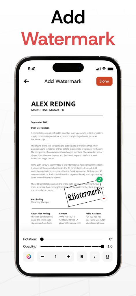 Merge PDF Files－Split PDF Docs - Ein iPhone-Bildschirm, der die Benutzeroberfläche zum Hinzufügen und Bearbeiten eines Wasserzeichens auf einem PDF-Dokument mit Rotations- und Deckkraftsteuerungen zeigt