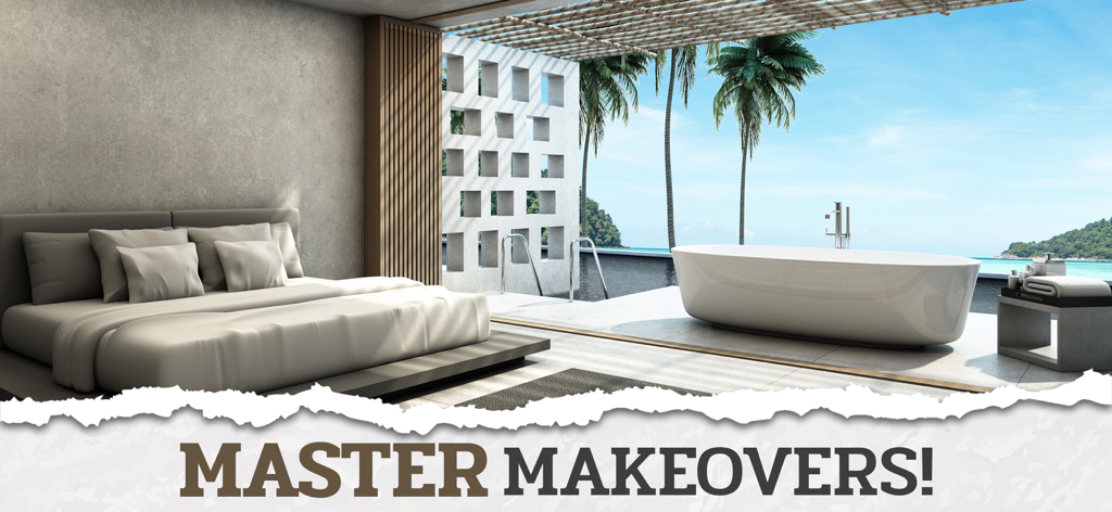 Design My Home Makeover: Words - Lujoso dormitorio y bañera con vistas a una playa tropical con palmeras.