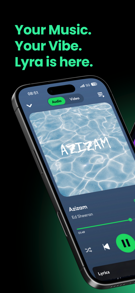 Lyra - Music, Radio, eSound - Interfaz de la aplicación de transmisión de música Lyra mostrando la pantalla de reproducción con diseño minimalista.