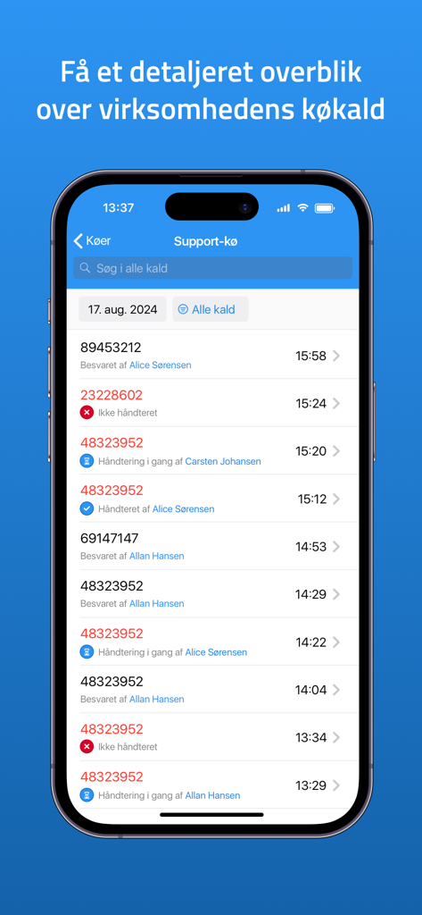 Myfone app interface displaying a detailed company support queue call history with agent status