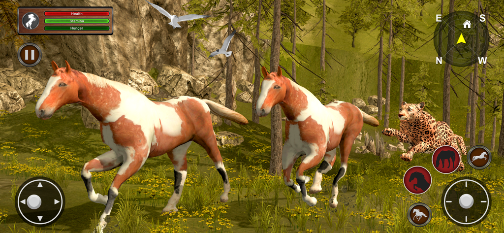 Wild Horse Simulator 3D - Two pinto horses running away from a leopard in a forest environment within the Wild Horse Simulator 3D game.