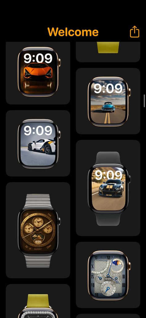 暗い背景にスポーツカーとラグジュアリーアナログデザインを特徴とするカスタムApple Watchフェイスのギャラリー。