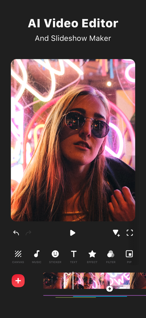 InShot Mobile App-Oberfläche mit KI-Videobearbeitungswerkzeugen und einer Video-Vorschau