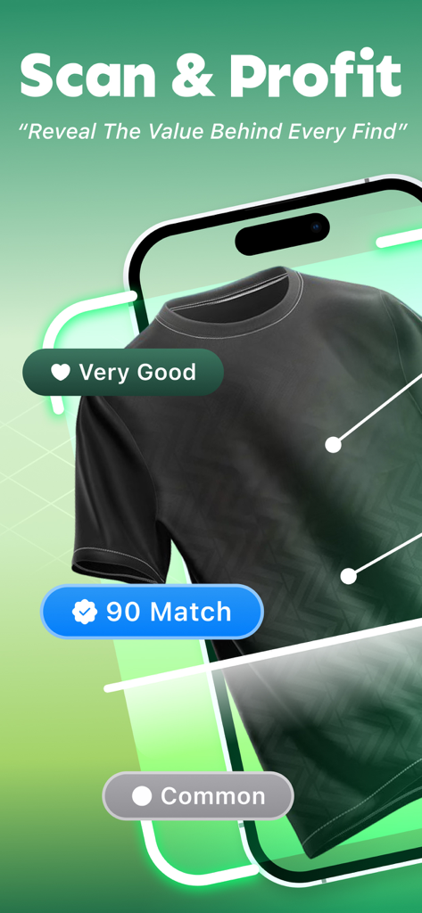 ThriftValue AI: Scan & Profit - A mobile screen showing the ThriftValue AI app scanning a t-shirt to identify its resale value and condition.