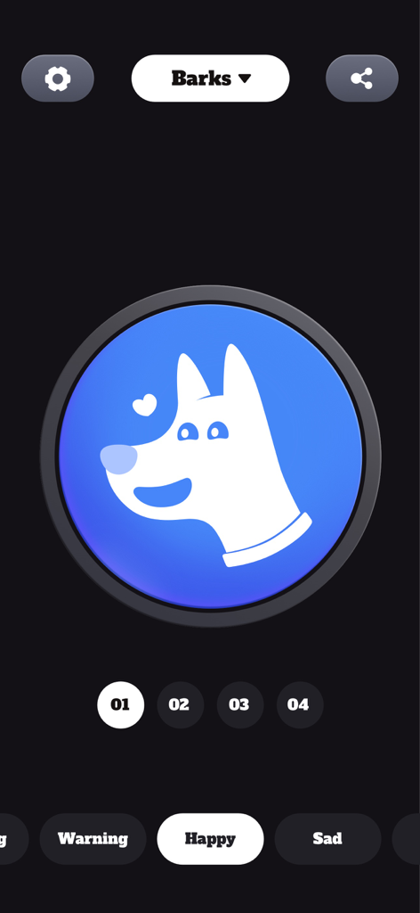 Dog Barking App - Barks & Toys - Mobile app screen showing the happy dog bark sound selection interface with a dog icon