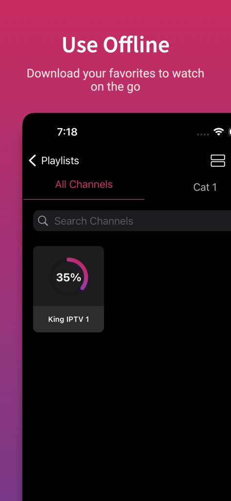 King IPTV Pro app interface showing a progress circle for a channel being downloaded for offline viewing