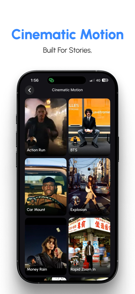 BeGen app interface showing various cinematic motion video templates for social media creators