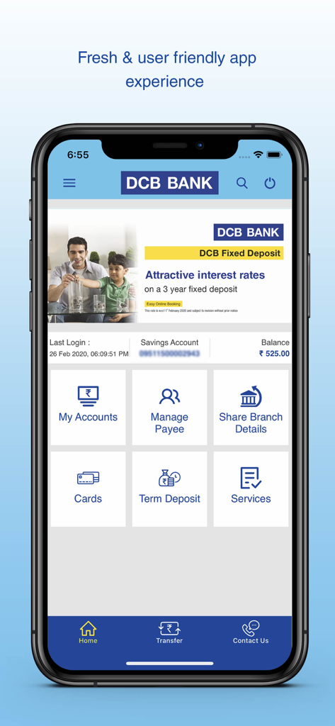 DCB Bank Mobile Banking - DCB Bank mobile banking app dashboard showing account balance and main menu options