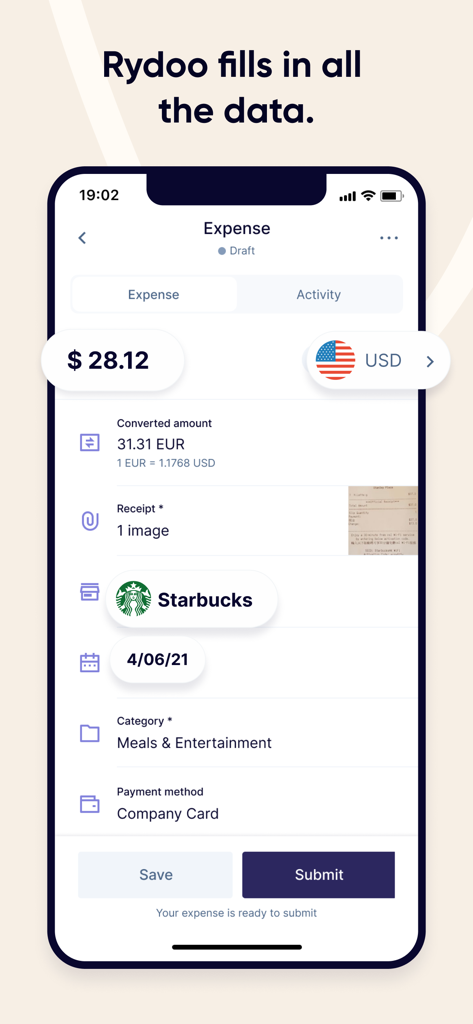 Rydoo - Rydoo-App-Bildschirm zeigt die automatische Extraktion von Belegdaten für eine Geschäftsspende an