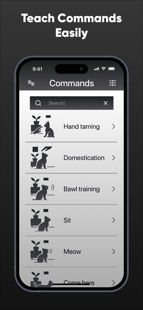 Interface do aplicativo móvel NeowTalk mostrando uma lista de comandos de treinamento para gatos como carinho na mão e sentar