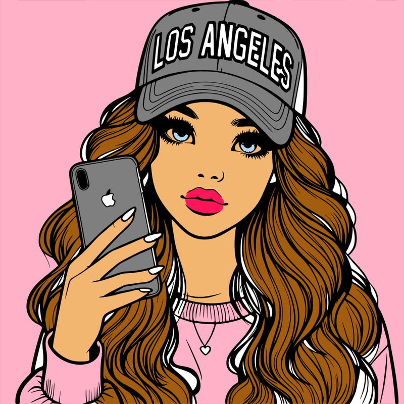 realistic beautiful girl wearing los ángeles cap holding an iphone