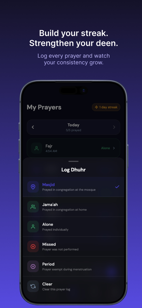 Mu'mina - A minimalist mobile app screen for Mu'mina showing prayer tracking options and a streak counter for daily religious habits