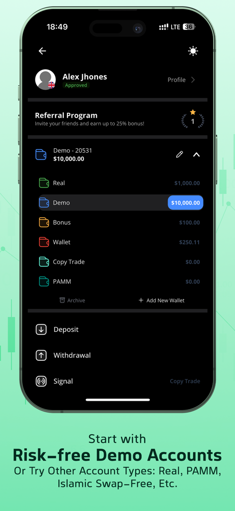 Écran du profil utilisateur sur l'application de trading Forex Trendo affichant les soldes des comptes réels et démo
