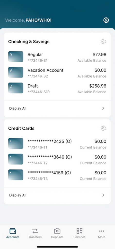 The accounts dashboard of the PAHO WHO Federal Credit Union app showing checking and savings account balances.