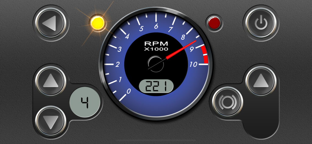 RevHeadz Engine Sounds - 青いRPMゲージとギアインジケーターを備えたデジタルカーダッシュボードインターフェイス。