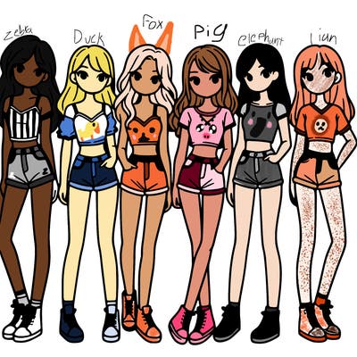 a group of girls wearing crop tops and shorts