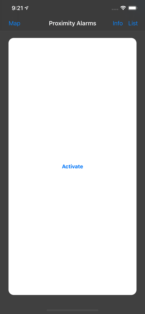 Geo Proximity Alarm - Main interface of the Geo Proximity Alarm app showing the proximity alarms activation screen