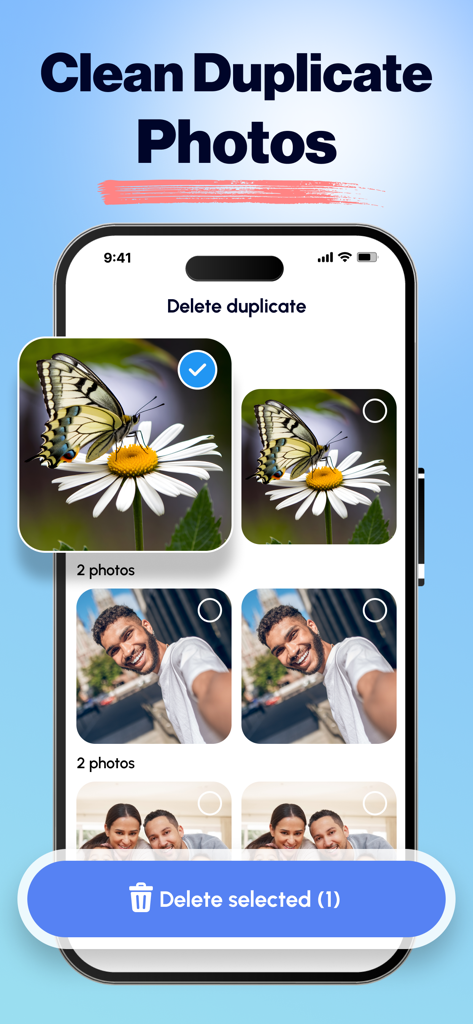 Email Cleaner : Inbox Cleaner - iPhone screen displaying the duplicate photo cleaning feature with pairs of similar images and a delete button