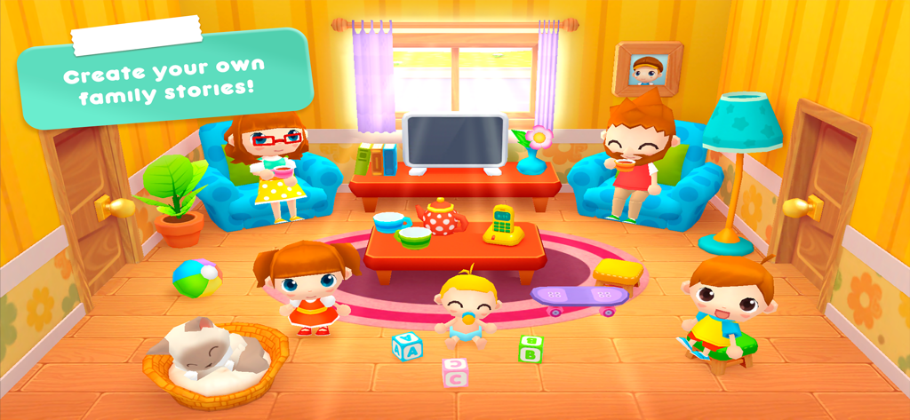 A colorful living room scene from the Sweet Home Stories app featuring a family and their cat.