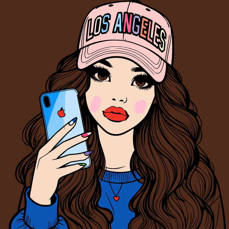 realistic beautiful girl wearing los ángeles cap holding an iphone