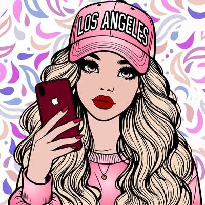 realistic beautiful girl wearing los ángeles cap holding an iphone