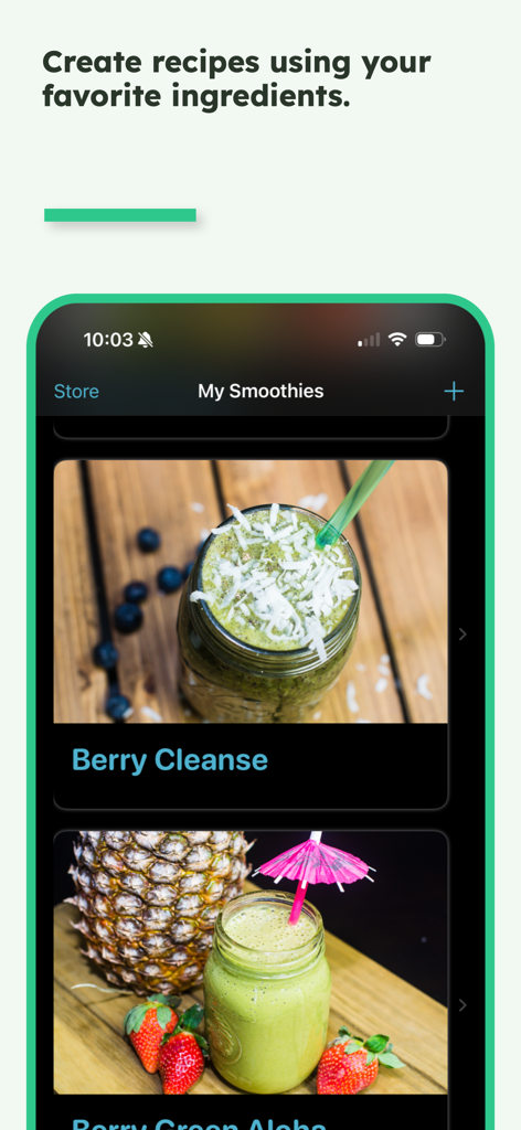 カスタムスムージーレシピのリストとヘルシーな飲み物の写真が表示されたモバイルアプリ画面