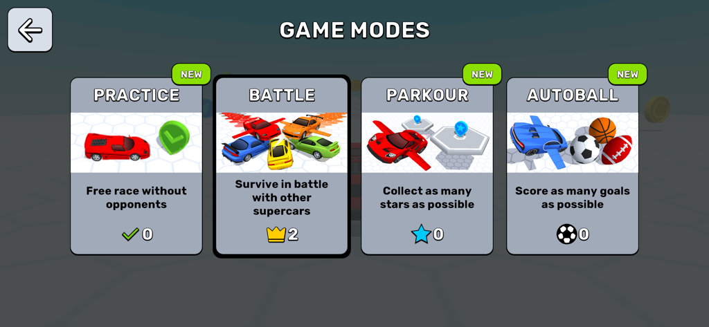 Race Survival Arena King - Hauptmenübildschirm von Race Survival Arena King mit vier Spielmodi: Üben, Kampf, Parkour und Autoball.