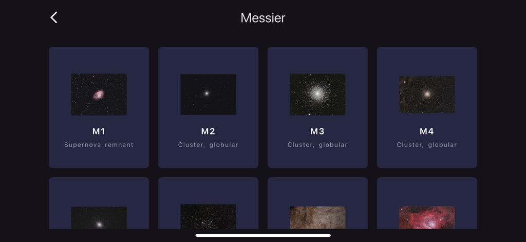 AR-Telescope-B - A gallery view of Messier objects like M1 supernova remnant and globular clusters in the AR-Telescope-B app.
