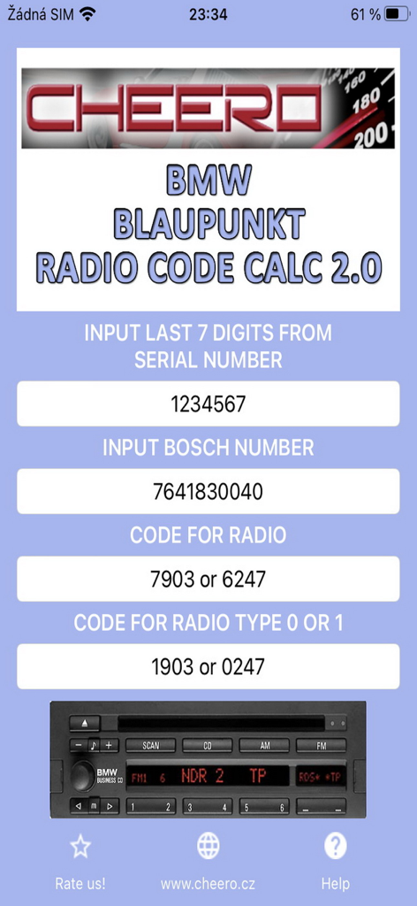 RADIO CODE for BMW BUSINESS - BMW Blaupunkt Radio-Code-Generator-App-Bildschirm mit Eingabefeldern für Seriennummern und Entsperrcodes