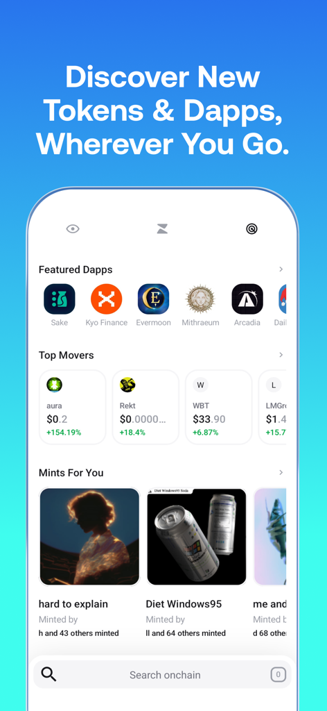 Zerion app discovery screen featuring trending crypto tokens and decentralized applications