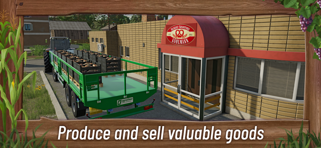 Farming Simulator 23 Mobile - A tractor delivering crates of bread to a bakery to illustrate the production chain in Farming Simulator 23 Mobile.