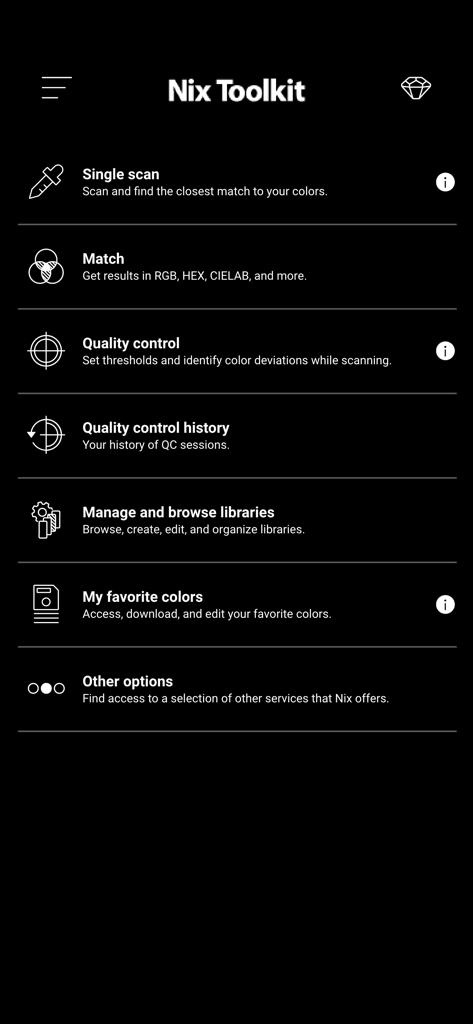 Nix Toolkit - Hauptmenü-Bildschirm der Nix Toolkit App mit Funktionen wie Qualitätskontrolle für Einzel-Scan-Abgleich und Farbbibliotheksverwaltung