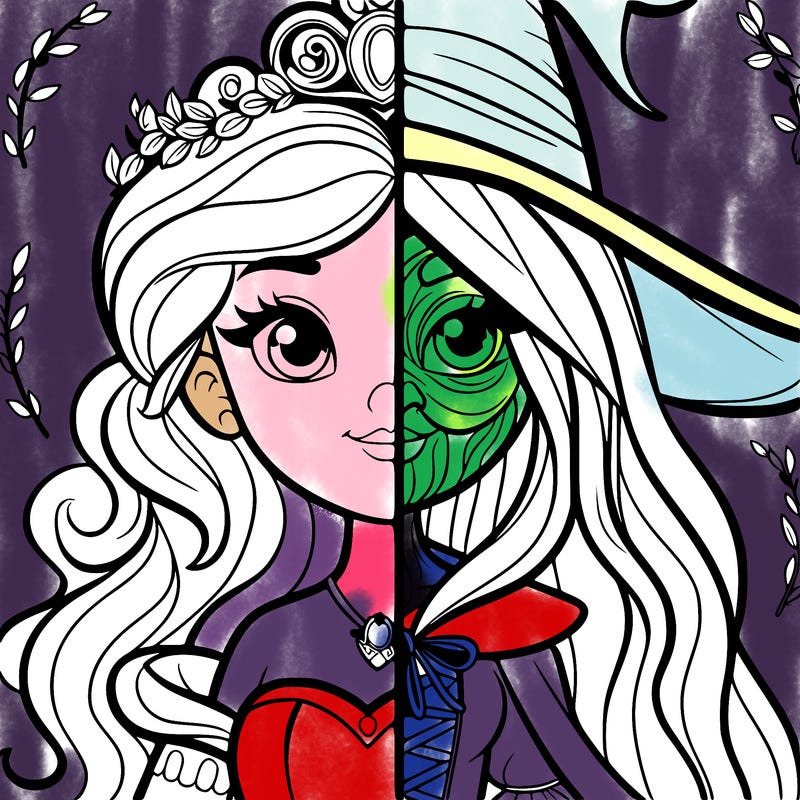detailed realistic split of a princess and a witch
