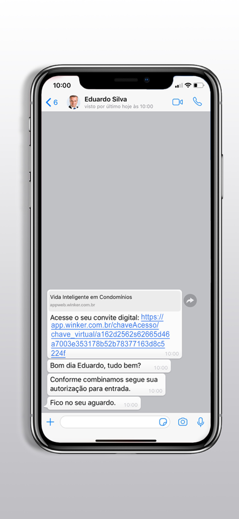 Excel Condomínio Digital - Invito digitale per i visitatori e messaggio di autorizzazione all'ingresso in un'interfaccia di chat.