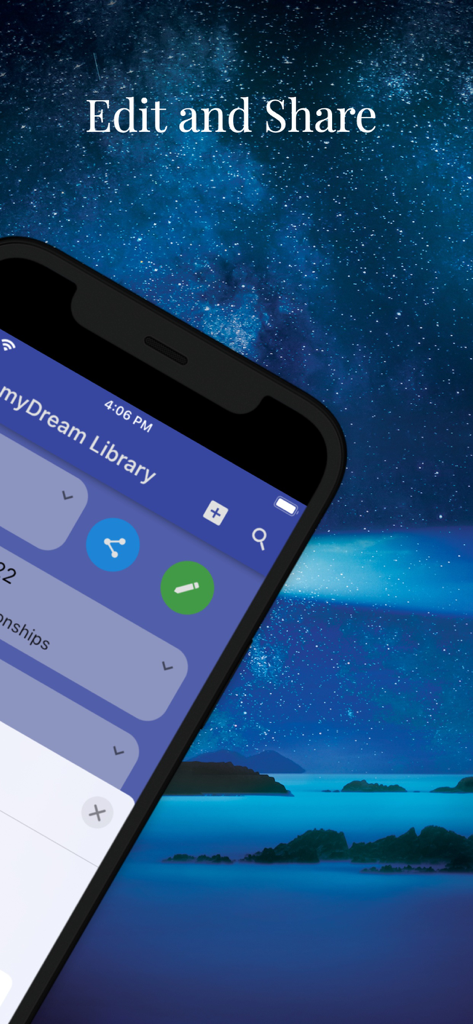 Dream Keys - Interfaz de la aplicación Dream Keys que muestra la biblioteca de sueños con opciones para editar y compartir sueños grabados contra un fondo de noche estrellada.