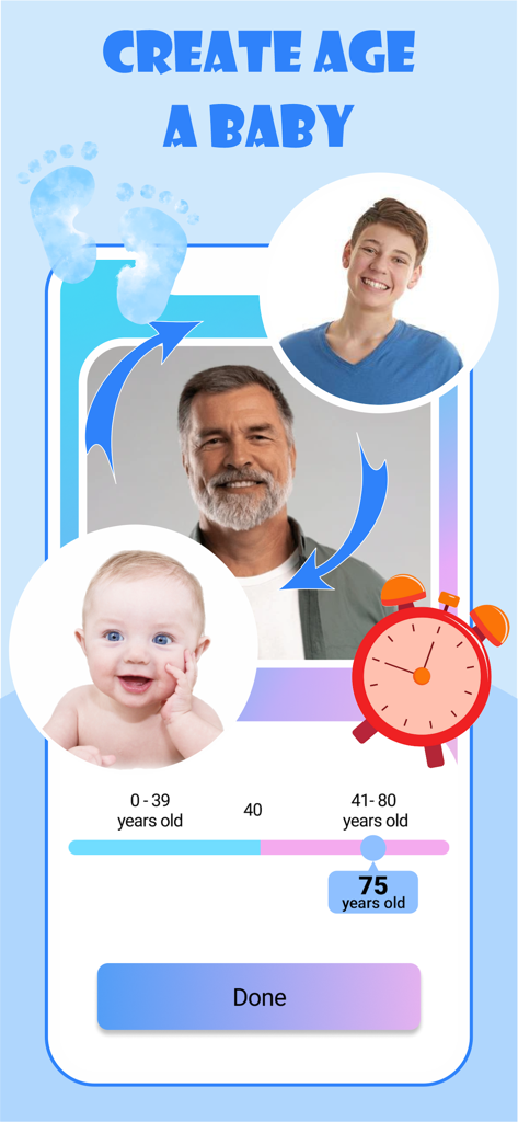 AI Baby Generator: Face Makerㅤ - AI Baby Generator app interface showing age progression from an infant to an elderly man with a slider set to 75 years old