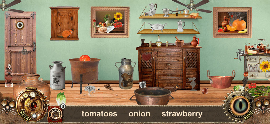 Ein detailliertes Küchen-Level in Wimmelbildspielen mit Alice, das zu findende Gegenstände zeigt