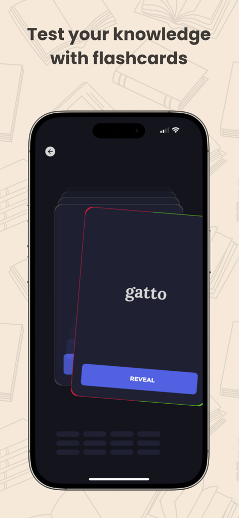 Read Fluently: LanguageLeveler - An iPhone displaying a vocabulary flashcard for the Italian word gatto in the LanguageLeveler app