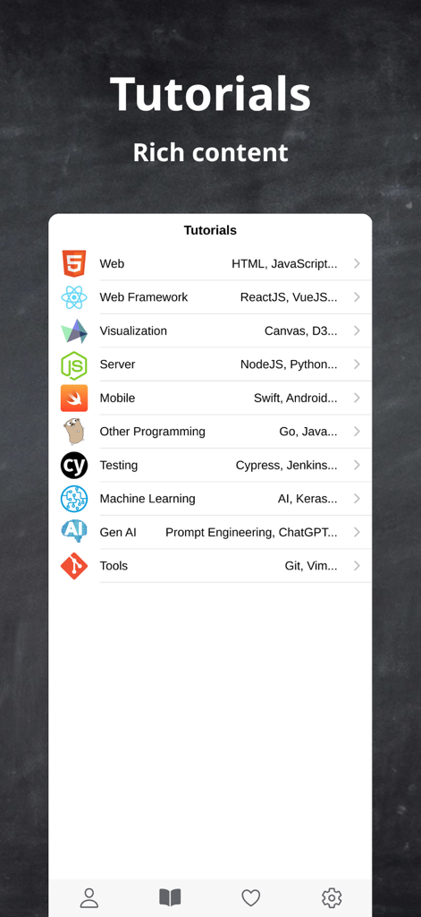 W3 - Interface de l'application W3 montrant une liste de catégories de tutoriels de programmation, y compris Web, Mobile, Machine Learning et Gen AI.