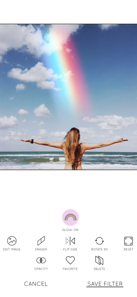 Rainbow Love - Photo editing interface of Rainbow Love app featuring a rainbow filter over a beach scene