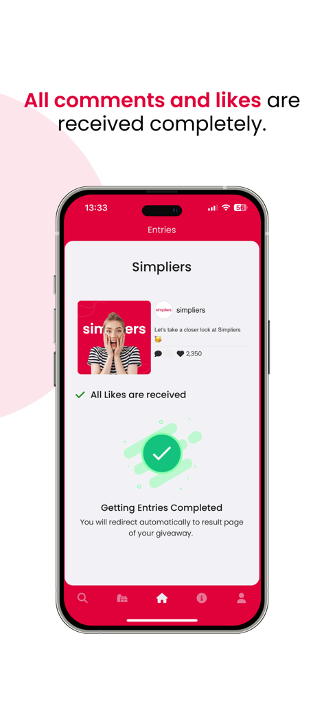 Simpliersアプリの画面、プレゼント企画のすべてのコメントといいねが受信されたことを確認しています